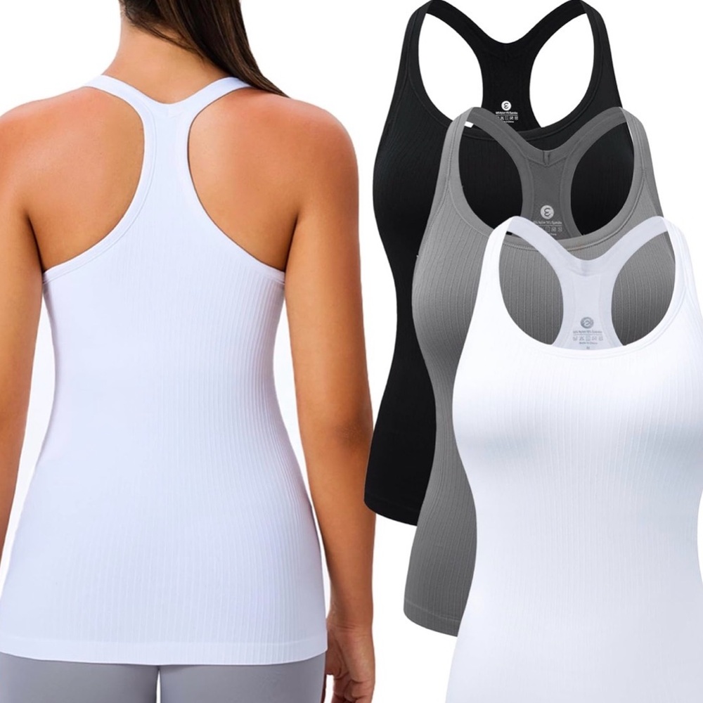 3 Pack Workout Tank Tops White, Black and Grey Built in Bra Cups